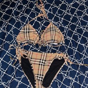 Burberry Beige and Black Plaid Bikini Set